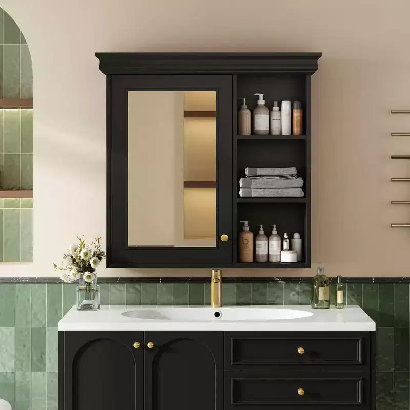 MAYEERTY 47 Wall Mounted Bathroom Cabinet with Mirror 3 Adjustable Shelves 3 Open Compartments Glass Door for Bathroom White