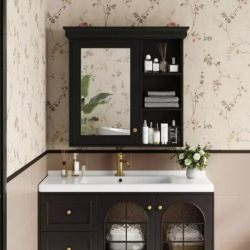 MAYEERTY 47 Mobile bagno da parete con specchio 3 ripiani regolabili 3 scomparti aperti anta in vetro per bagno bianco
