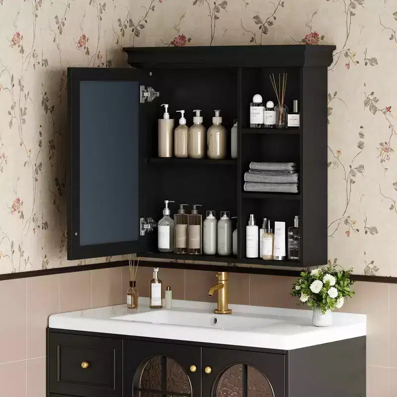 MAYEERTY 47 Wall Mounted Bathroom Cabinet with Mirror 3 Adjustable Shelves 3 Open Compartments Glass Door for Bathroom White