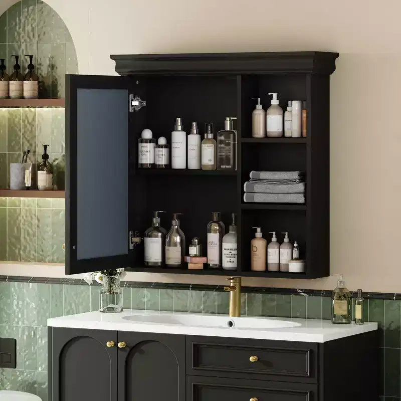 MAYEERTY 47 Wall Mounted Bathroom Cabinet with Mirror 3 Adjustable Shelves 3 Open Compartments Glass Door for Bathroom White