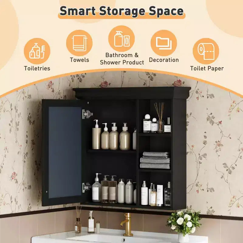 MAYEERTY 47 Mobile bagno da parete con specchio 3 ripiani regolabili 3 scomparti aperti anta in vetro per bagno bianco