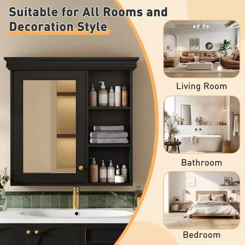 MAYEERTY 47 Mobile bagno da parete con specchio 3 ripiani regolabili 3 scomparti aperti anta in vetro per bagno bianco