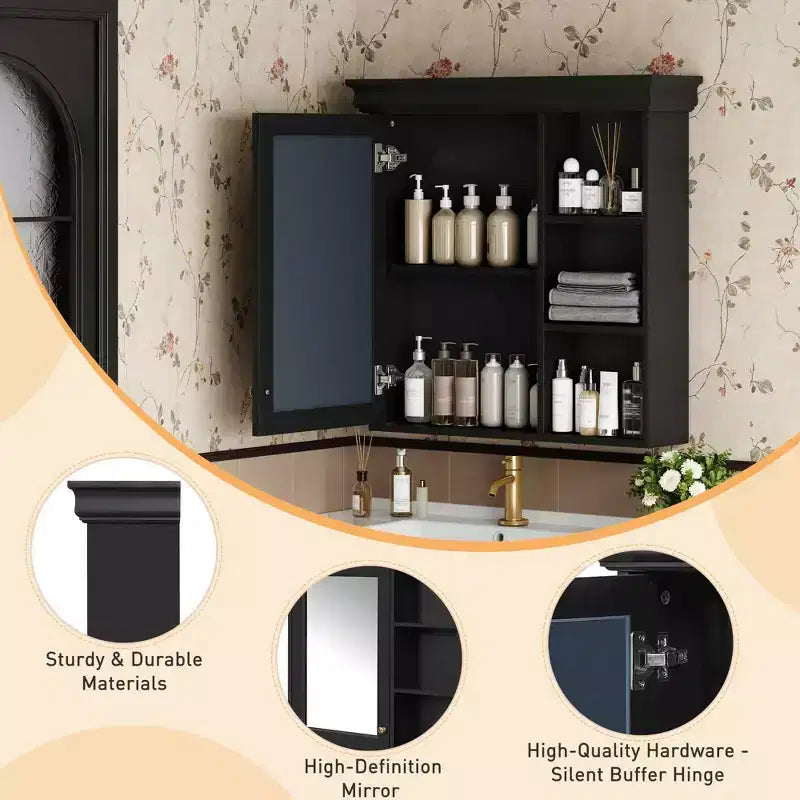 MAYEERTY 47 Mobile bagno da parete con specchio 3 ripiani regolabili 3 scomparti aperti anta in vetro per bagno bianco