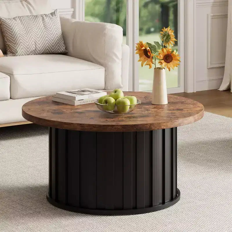 Tavolino rotondo COZONY con design scanalato e base in metallo, tavolo centrale moderno di metà secolo per soggiorno appartamento