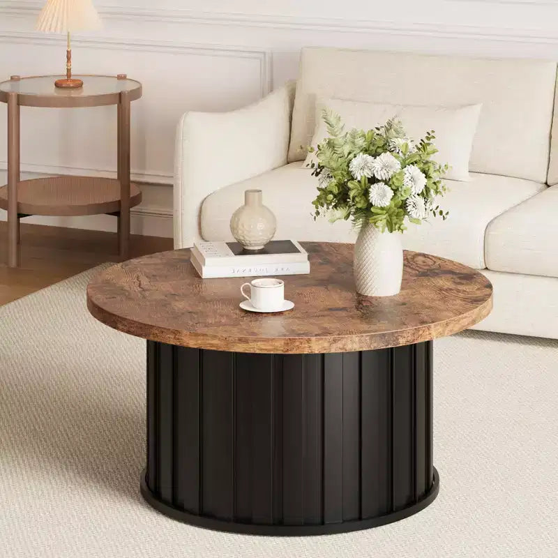 Tavolino rotondo COZONY con design scanalato e base in metallo, tavolo centrale moderno di metà secolo per soggiorno appartamento