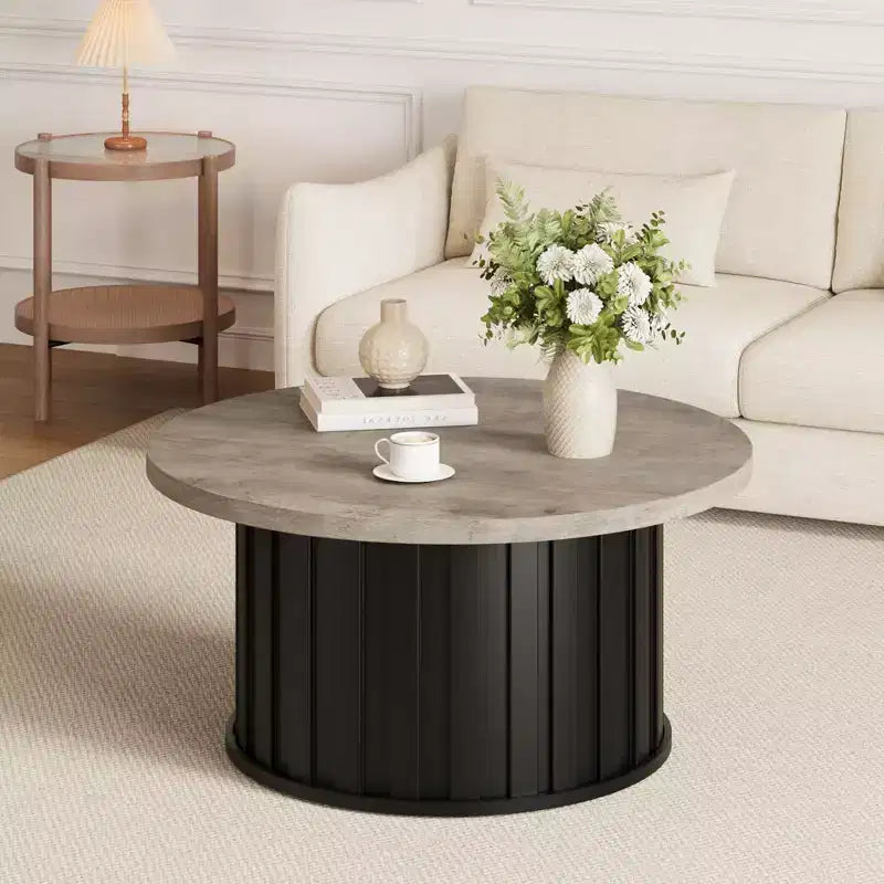 Tavolino rotondo COZONY con design scanalato e base in metallo, tavolo centrale moderno di metà secolo per soggiorno appartamento