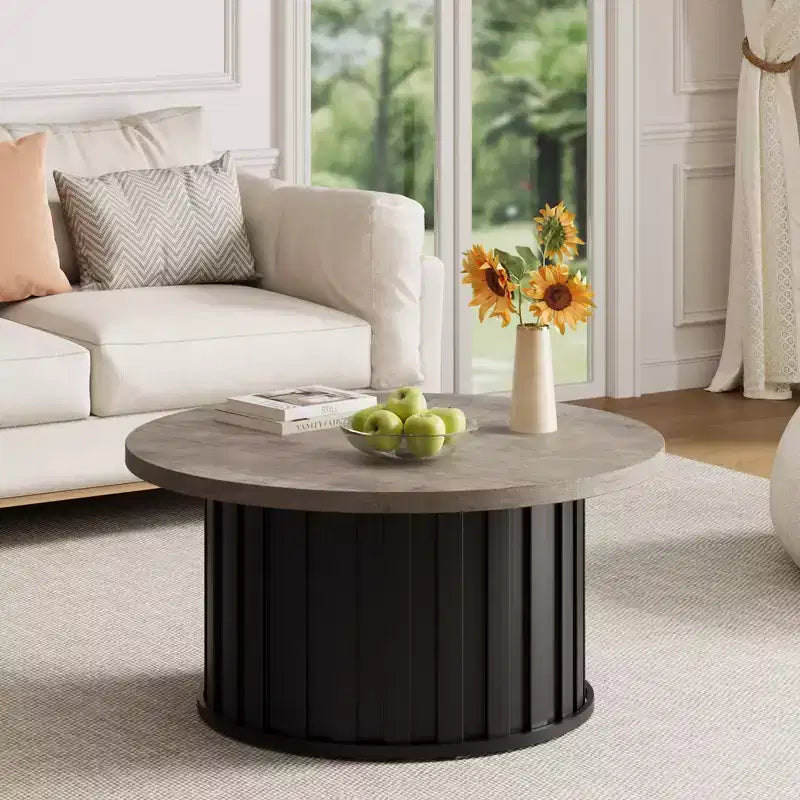 Tavolino rotondo COZONY con design scanalato e base in metallo, tavolo centrale moderno di metà secolo per soggiorno appartamento