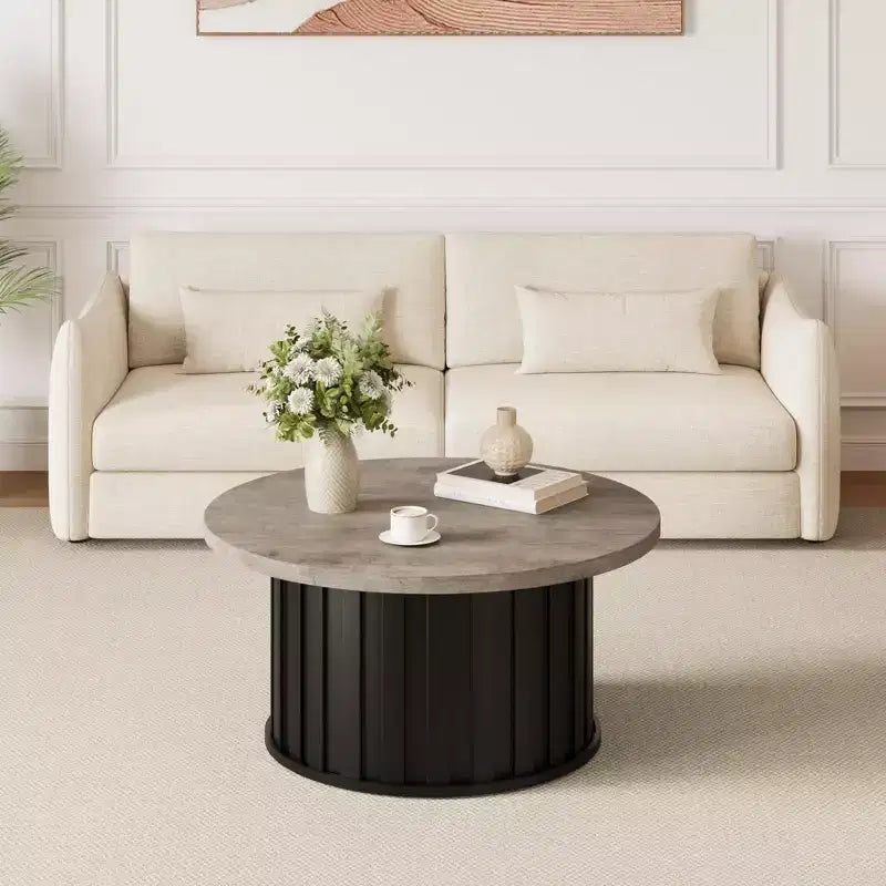 Tavolino rotondo COZONY con design scanalato e base in metallo, tavolo centrale moderno di metà secolo per soggiorno appartamento