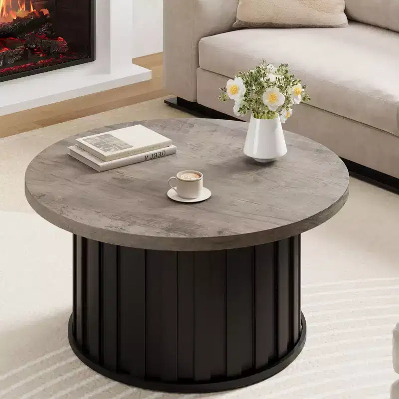 COZONY Round Coffee Table with Fluted Design and Metal Base, Mid-Century Modern Center Table for Living Room Apartment