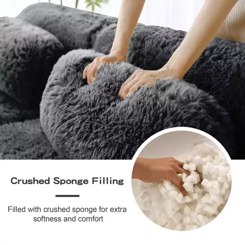 Divano componibile a U Boneless in tessuto peluche color cachi chiaro da 149 pollici con cuscini e 2 pouf (connessione a fibbia)