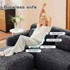 Divano componibile a U Boneless in tessuto peluche color cachi chiaro da 149 pollici con cuscini e 2 pouf (connessione a fibbia)