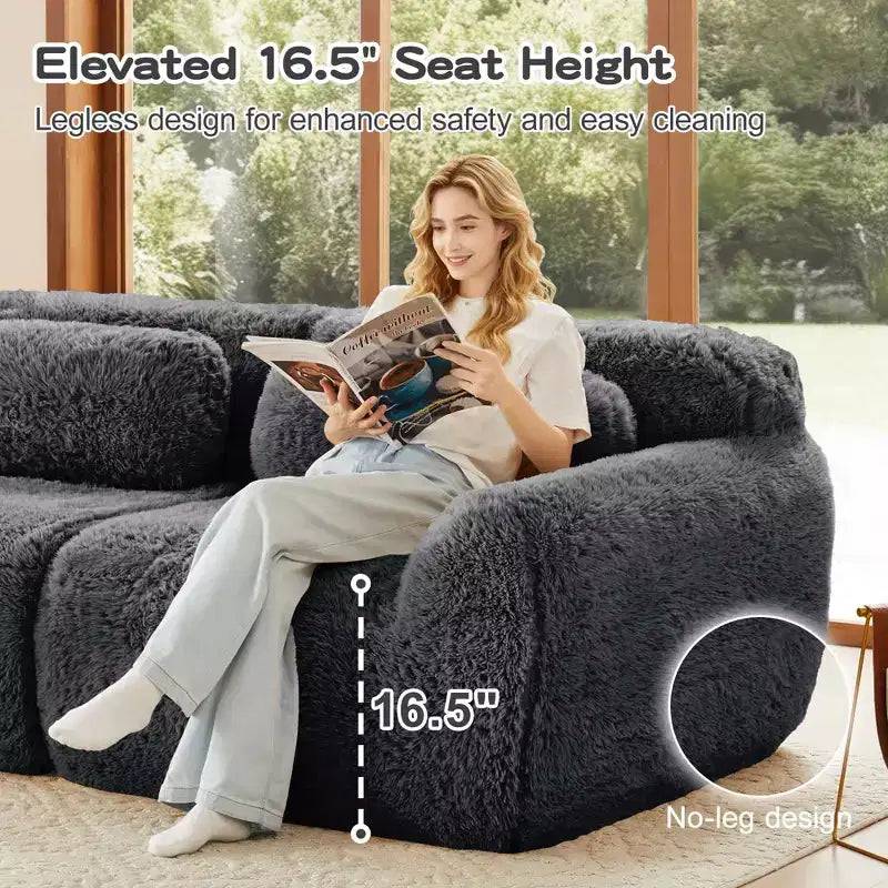 Divano componibile a U Boneless in tessuto peluche color cachi chiaro da 149 pollici con cuscini e 2 pouf (connessione a fibbia)