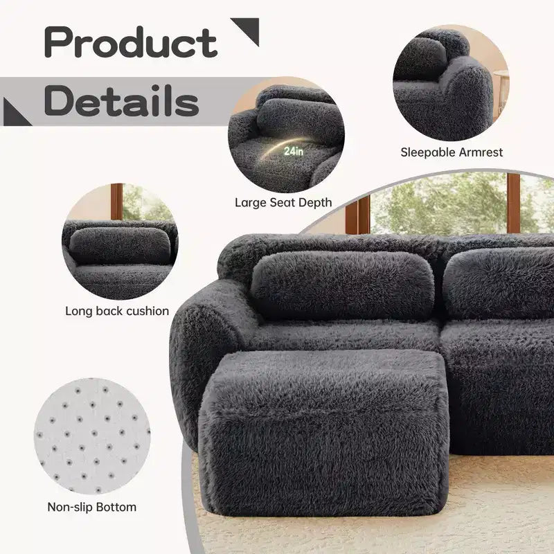 Divano componibile a U Boneless in tessuto peluche color cachi chiaro da 149 pollici con cuscini e 2 pouf (connessione a fibbia)