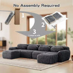 Divano componibile a U Boneless in tessuto peluche color cachi chiaro da 149 pollici con cuscini e 2 pouf (connessione a fibbia)