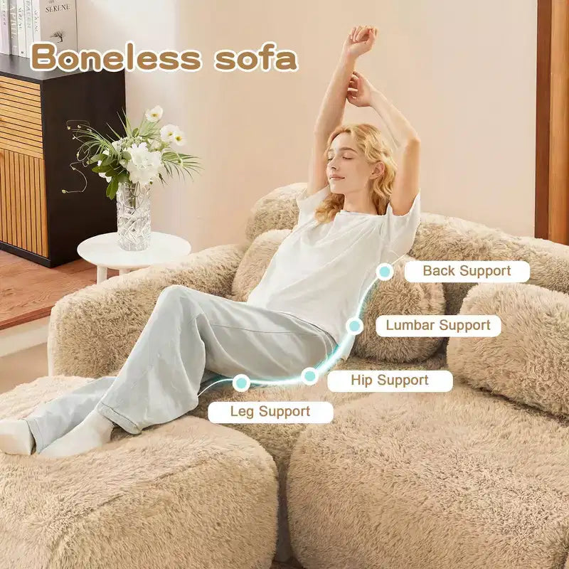 Divano componibile a U Boneless in tessuto peluche color cachi chiaro da 149 pollici con cuscini e 2 pouf (connessione a fibbia)
