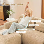 Divano componibile a U Boneless in tessuto peluche color cachi chiaro da 149 pollici con cuscini e 2 pouf (connessione a fibbia)