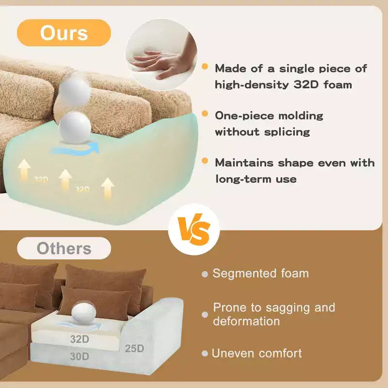 Divano componibile a U Boneless in tessuto peluche color cachi chiaro da 149 pollici con cuscini e 2 pouf (connessione a fibbia)