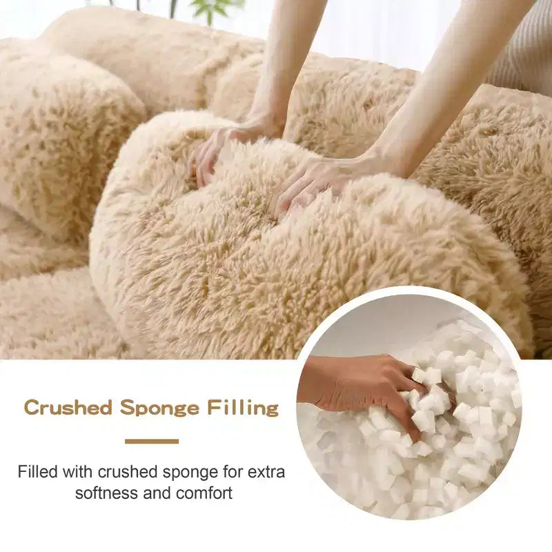 Divano componibile a U Boneless in tessuto peluche color cachi chiaro da 149 pollici con cuscini e 2 pouf (connessione a fibbia)
