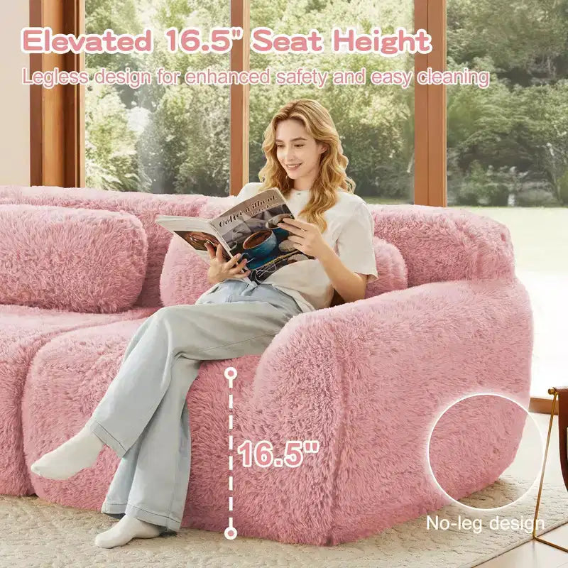Divano componibile a U Boneless in tessuto peluche color cachi chiaro da 149 pollici con cuscini e 2 pouf (connessione a fibbia)