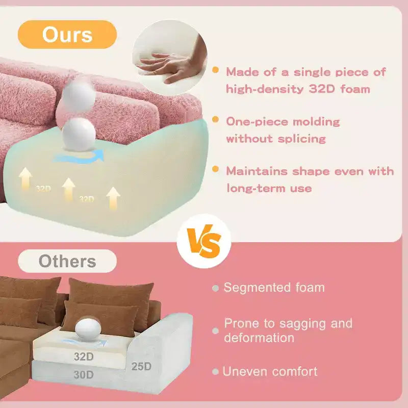 Divano componibile a U Boneless in tessuto peluche color cachi chiaro da 149 pollici con cuscini e 2 pouf (connessione a fibbia)
