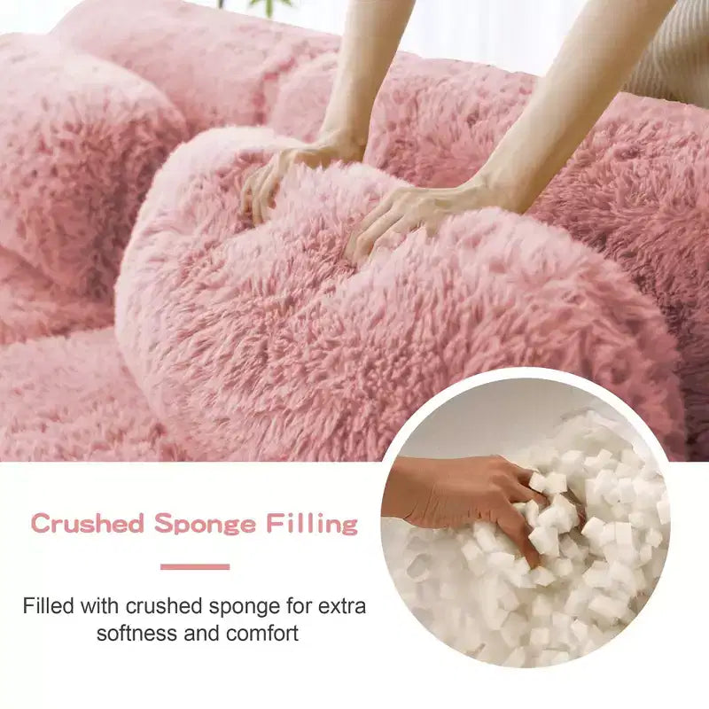 Divano componibile a U Boneless in tessuto peluche color cachi chiaro da 149 pollici con cuscini e 2 pouf (connessione a fibbia)