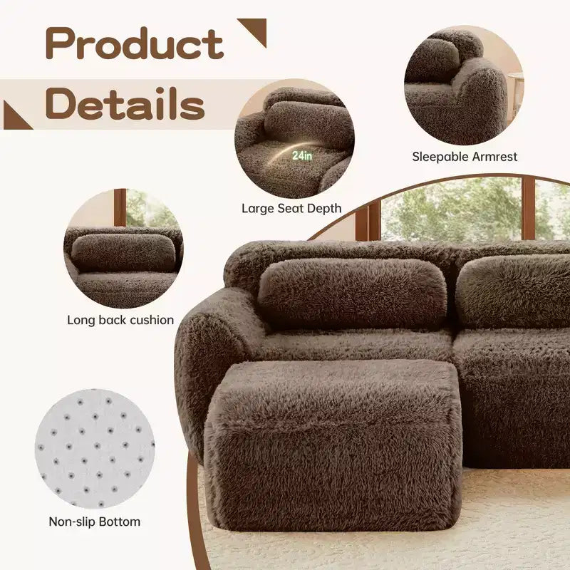 Divano componibile a U Boneless in tessuto peluche color cachi chiaro da 149 pollici con cuscini e 2 pouf (connessione a fibbia)