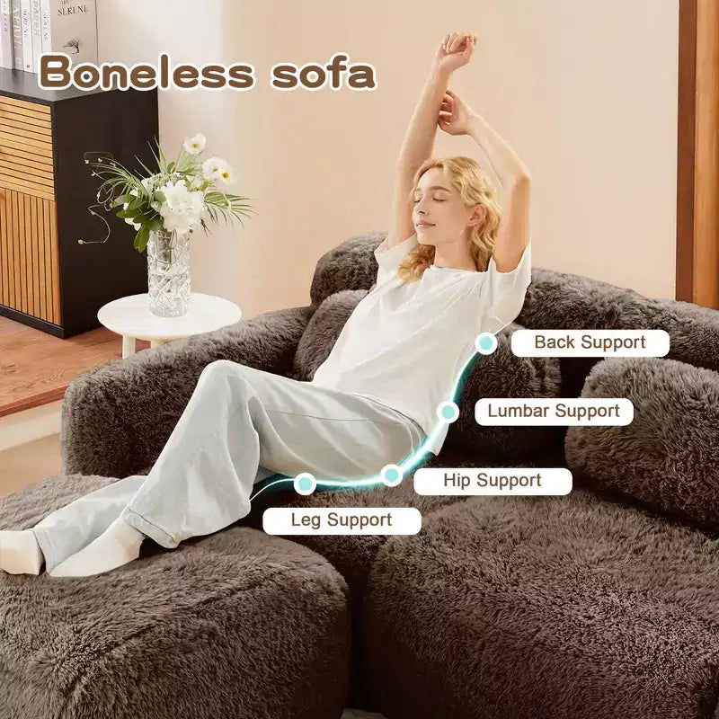 Divano componibile a U Boneless in tessuto peluche color cachi chiaro da 149 pollici con cuscini e 2 pouf (connessione a fibbia)