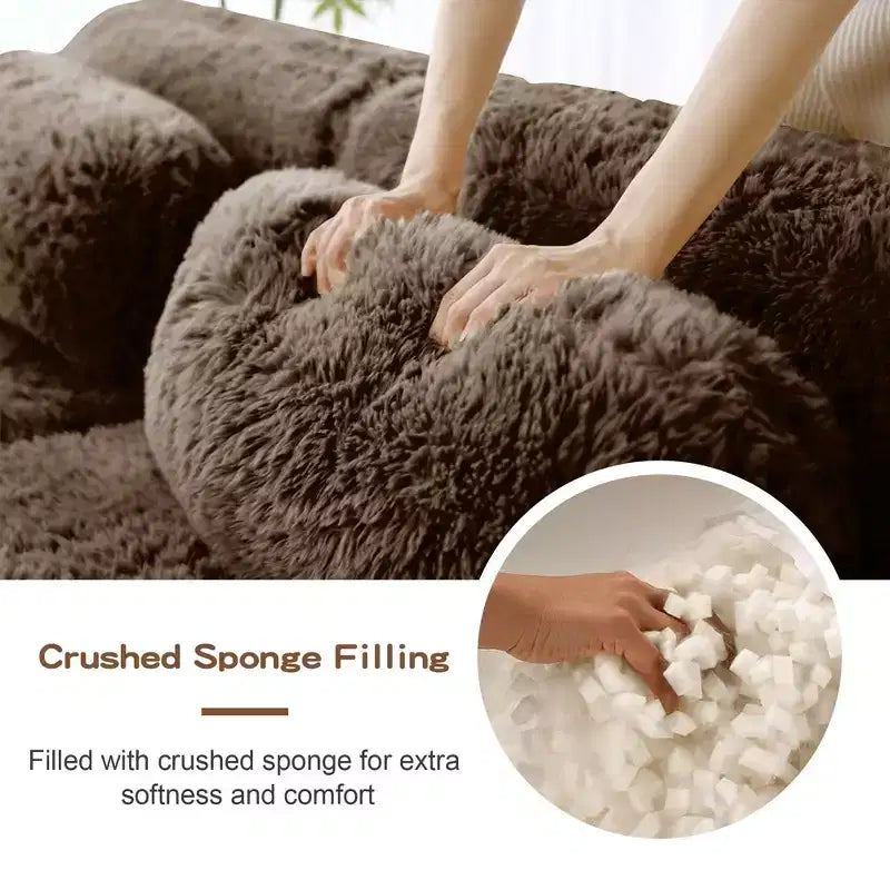 Divano componibile a U Boneless in tessuto peluche color cachi chiaro da 149 pollici con cuscini e 2 pouf (connessione a fibbia)