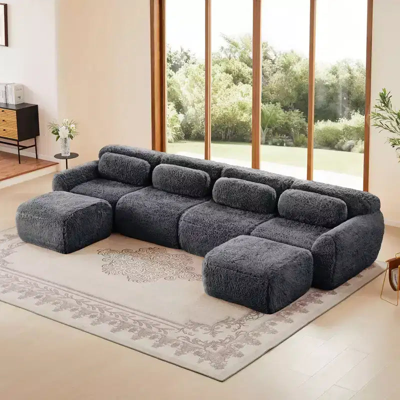 Divano componibile a U Boneless in tessuto peluche color cachi chiaro da 149 pollici con cuscini e 2 pouf (connessione a fibbia)
