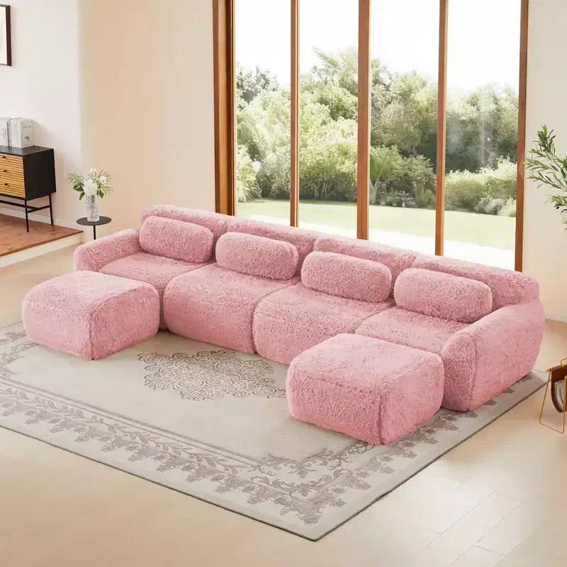 Divano componibile a U Boneless in tessuto peluche color cachi chiaro da 149 pollici con cuscini e 2 pouf (connessione a fibbia)