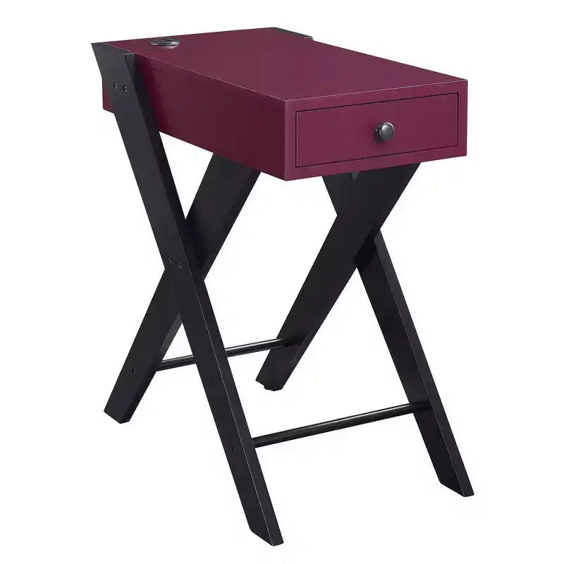 Royal Hampton Frame Side Table with X Shaped Legs and 1 Drawer, Purple and Black