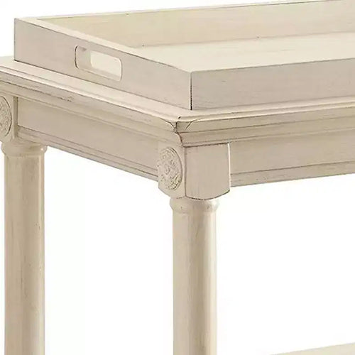 Tavolino in Legno a 2 Ripiani con Ruote, Bianco Antico