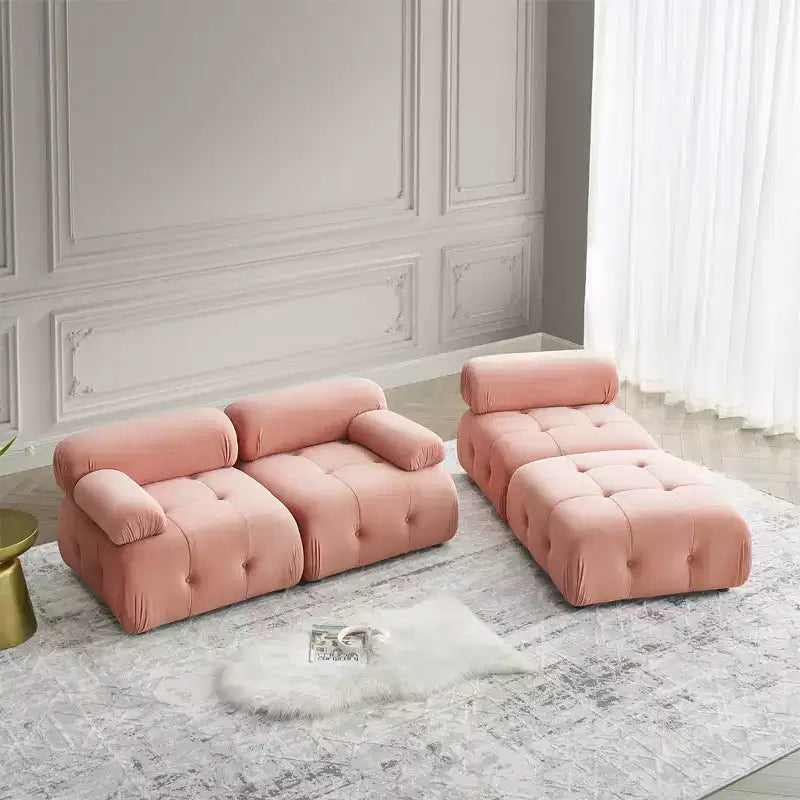Divano Modulare Cloud, Divano Sezionale a L Moderno con Pouf Reversibile, Velluto Trapuntato a Bottoni, Combinazione Flessibile per Soggiorno