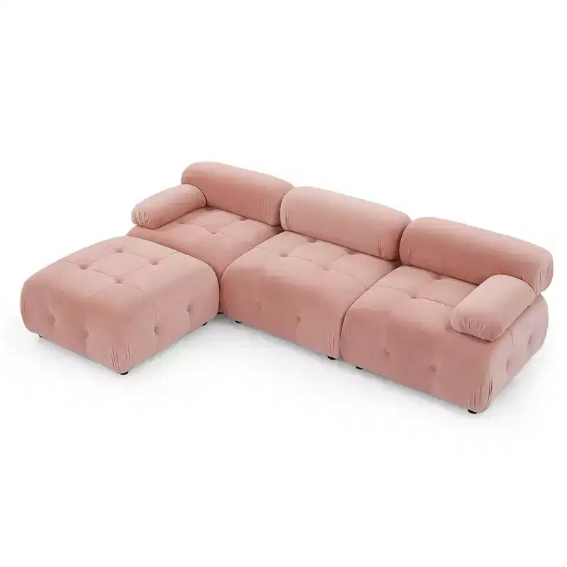 Divano Modulare Cloud, Divano Sezionale a L Moderno con Pouf Reversibile, Velluto Trapuntato a Bottoni, Combinazione Flessibile per Soggiorno