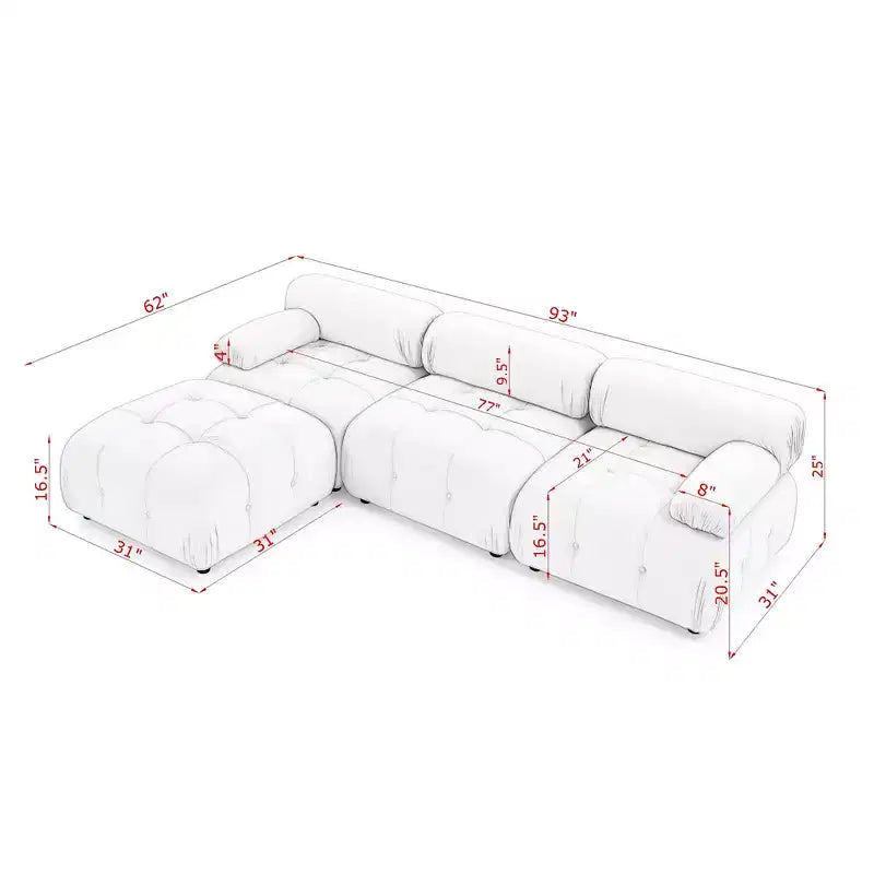 Divano Modulare Cloud, Divano Sezionale a L Moderno con Pouf Reversibile, Velluto Trapuntato a Bottoni, Combinazione Flessibile per Soggiorno