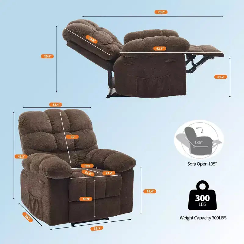 Poltrona Reclinabile Manuale, Sedia Reclinabile Ergonomica Imbottita in Tessuto Traspirante con Tasche Laterali, Divano Singolo Pigro con Struttura in Acciaio