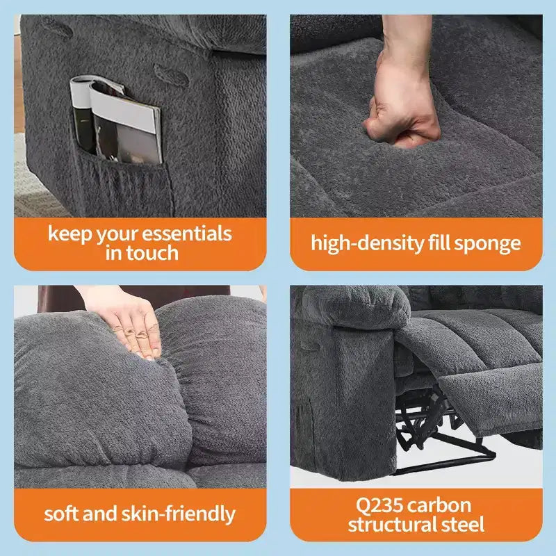Poltrona Reclinabile Manuale, Sedia Reclinabile Ergonomica Imbottita in Tessuto Traspirante con Tasche Laterali, Divano Singolo Pigro con Struttura in Acciaio
