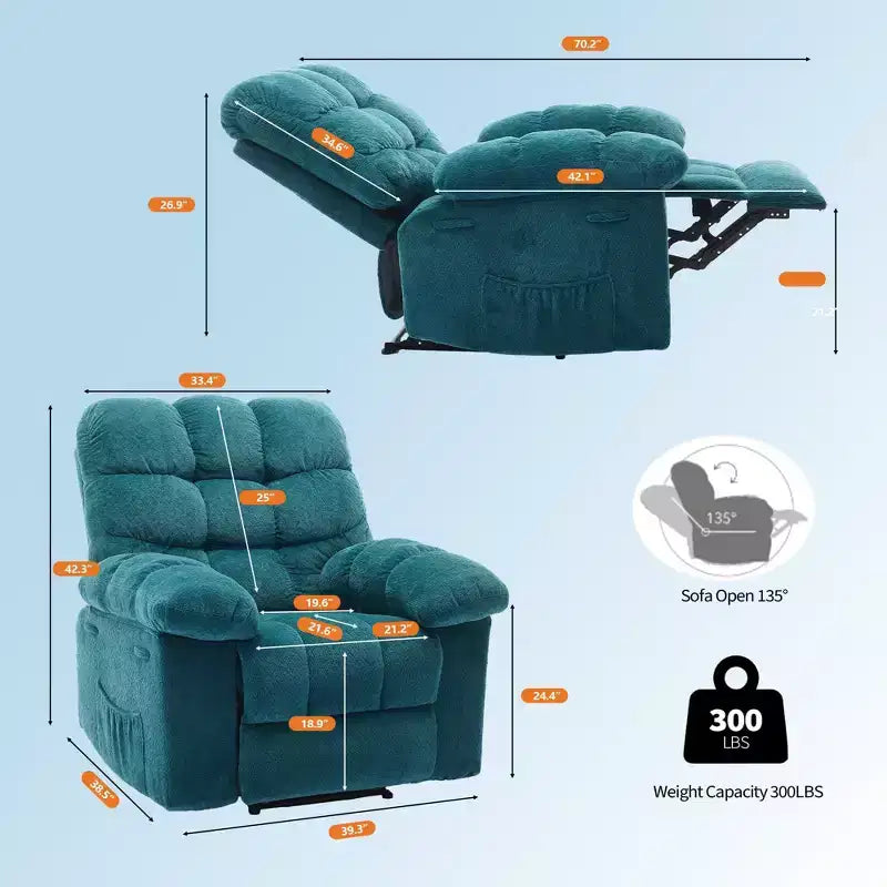 Poltrona Reclinabile Manuale, Sedia Reclinabile Ergonomica Imbottita in Tessuto Traspirante con Tasche Laterali, Divano Singolo Pigro con Struttura in Acciaio