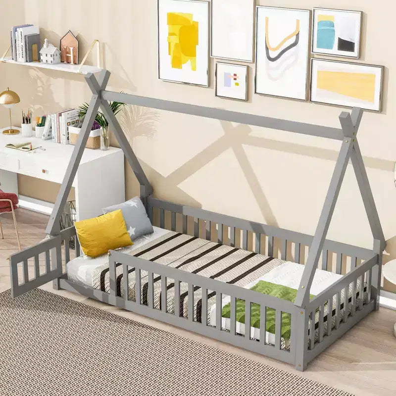 Letto a pavimento per bambini "twin size" con barriera di sicurezza super alta, letto Montessori moderno con porta per la camera da letto