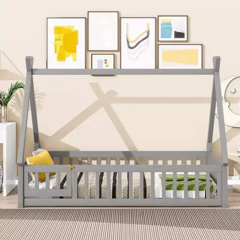 Letto a pavimento per bambini "twin size" con barriera di sicurezza super alta, letto Montessori moderno con porta per la camera da letto