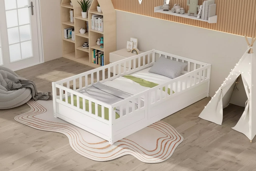 Letto a pavimento per bambini "twin size" con barriera di sicurezza super alta, letto Montessori moderno con porta per la camera da letto