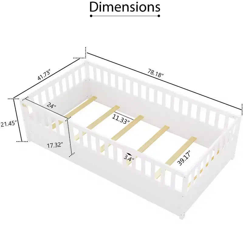 Letto a pavimento per bambini "twin size" con barriera di sicurezza super alta, letto Montessori moderno con porta per la camera da letto
