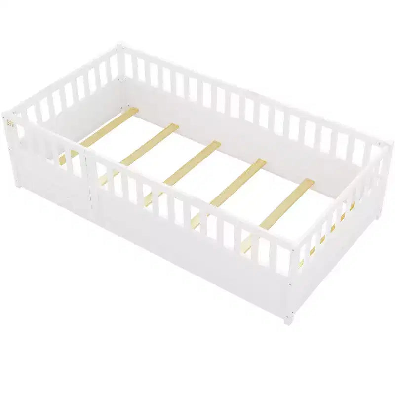 Letto a pavimento per bambini "twin size" con barriera di sicurezza super alta, letto Montessori moderno con porta per la camera da letto