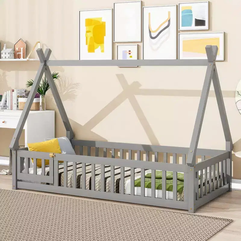 TUYOHW Twin Size Toddler Floor Bed with Super High Security Barrier,Modern Montessori Bed with Door for Bedroom
