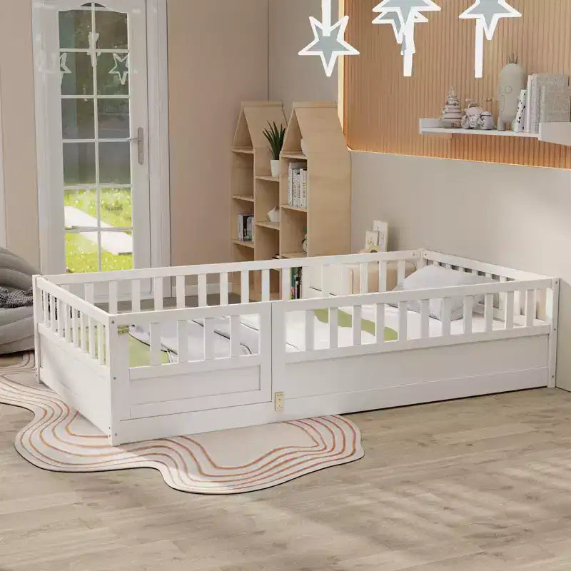 Letto a pavimento per bambini "twin size" con barriera di sicurezza super alta, letto Montessori moderno con porta per la camera da letto