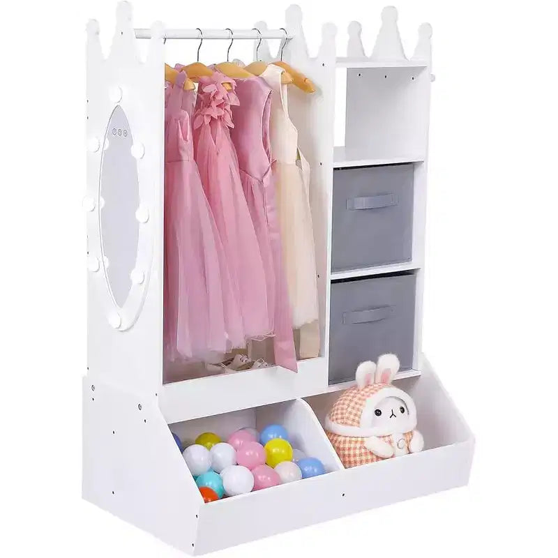 Armadio gioco con specchio per bambini, armadio rosa con specchio e cassettiera, organizer per costumi con scaffali e portagioie, cassettiere per bambini