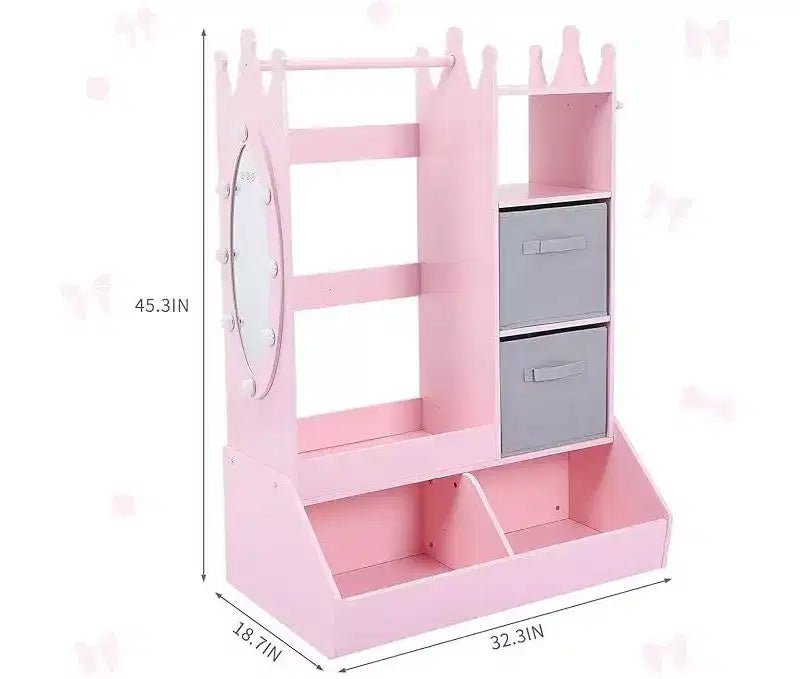 Armadio gioco con specchio per bambini, armadio rosa con specchio e cassettiera, organizer per costumi con scaffali e portagioie, cassettiere per bambini