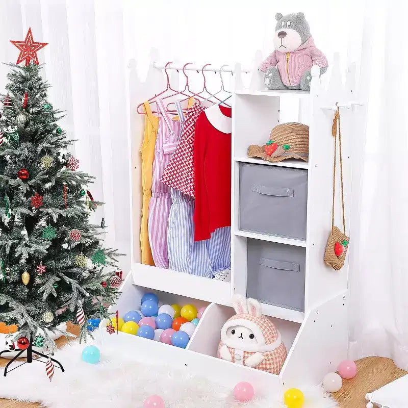 Armadio gioco con specchio per bambini, armadio rosa con specchio e cassettiera, organizer per costumi con scaffali e portagioie, cassettiere per bambini