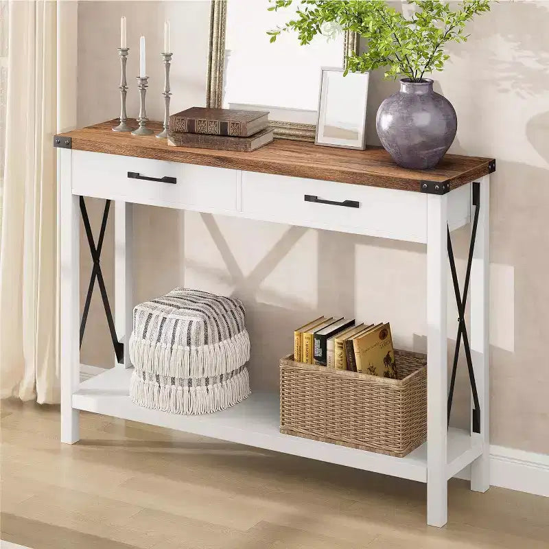 43 Console Table with Drawers & Open Shelf, Entryway Table2-Tier Narrow Sofa Table for Entryway, Living Room, Corridor,White