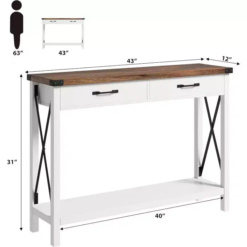 Tavolo Consolle da 109 cm con Cassetti e Ripiano Aperto, Tavolo d'Ingresso a 2 Livelli Stretto per Divano, per Ingresso, Soggiorno, Corridoio, Bianco